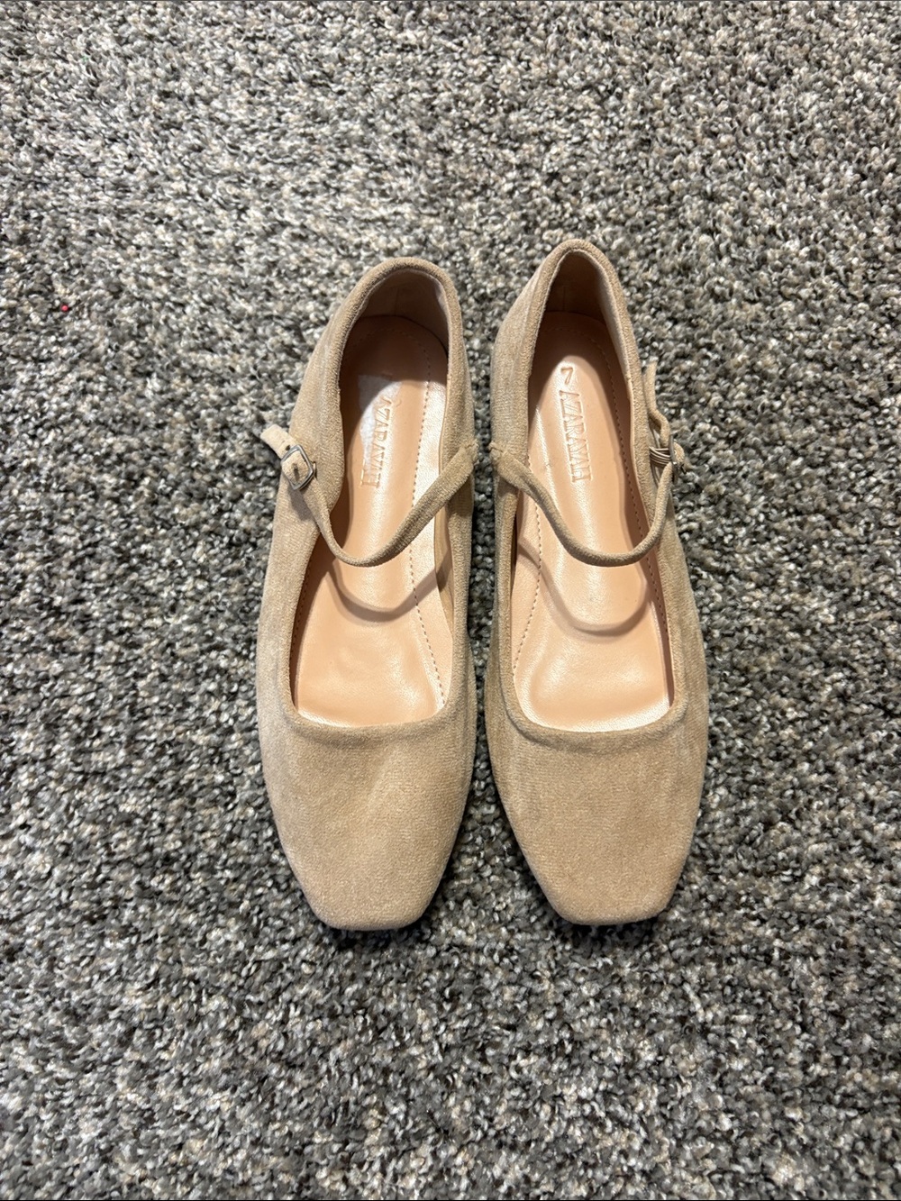 Suede Mary Jane Flats in Beige with Adjustable Strap